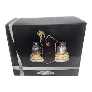 NIB Beary Best Decorative 3 Piece Salt & Pepper Holder Set Black Bear Figurines